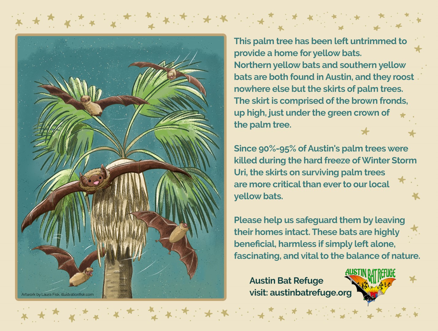 Austin Bat Refuge palm tree no-prune sign illustration
