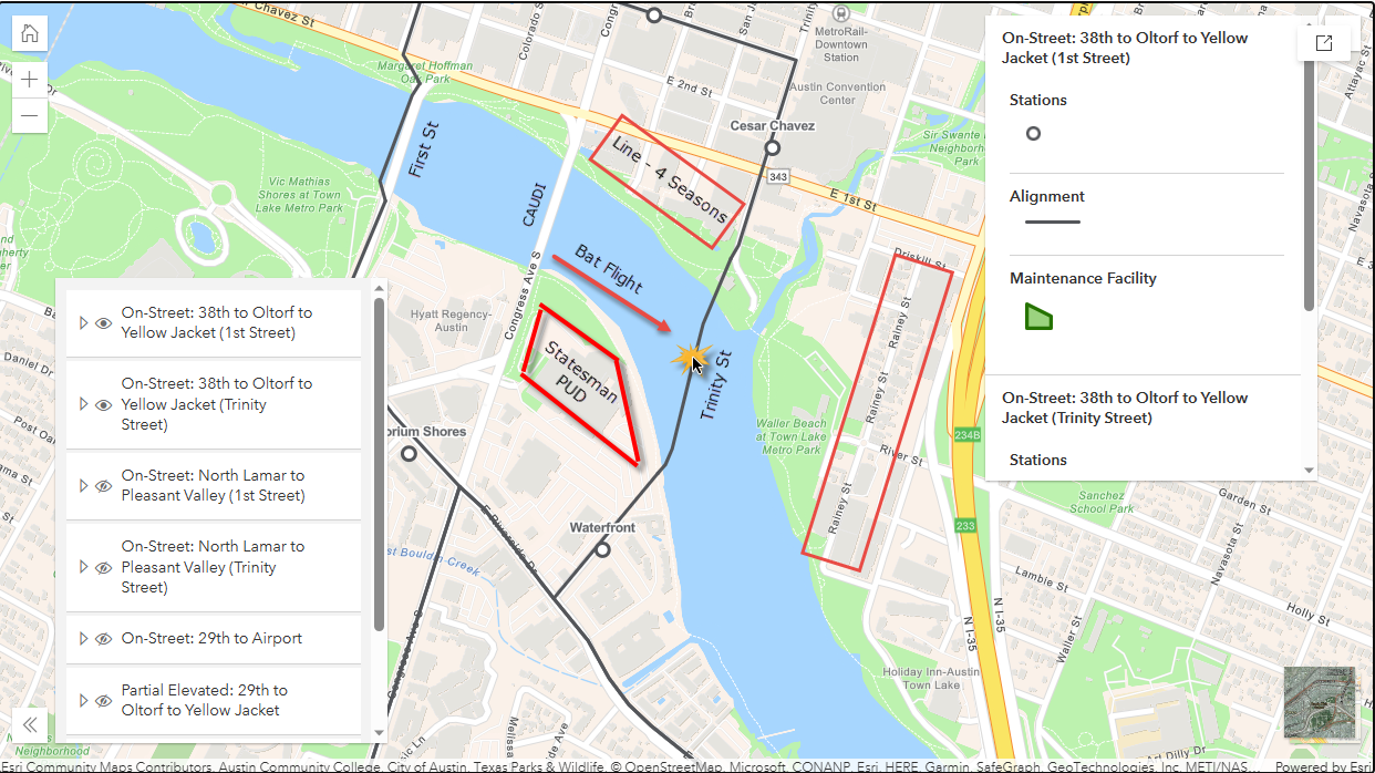 Map of proposed Trinity St and First St light-rail bridge options, with the Congress Avenue Bridge bat flight path, the Statesman PUD and Rainey St high-rises marked